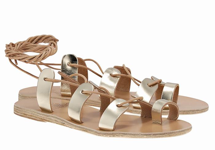 Ancient Greek Sandals Alcyone Leather Ženske Gladijatorske Sandale Zlatne Bijele | WHC5034ZW