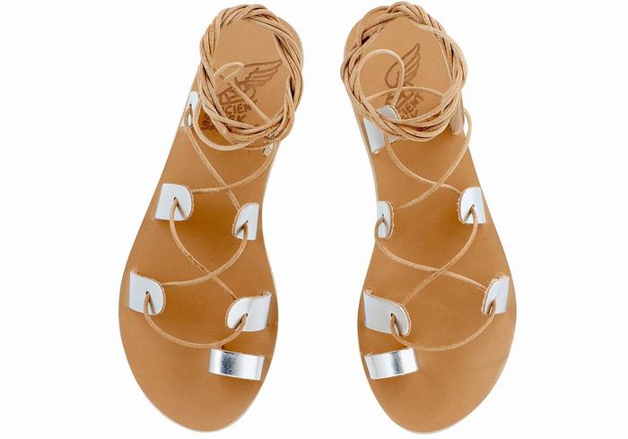 Ancient Greek Sandals Alcyone Leather Ženske Gladijatorske Sandale Srebrne | MMF50100RZ