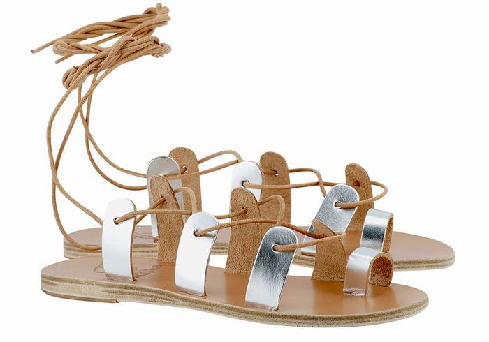 Ancient Greek Sandals Alcyone Leather Ženske Gladijatorske Sandale Srebrne | MMF50100RZ