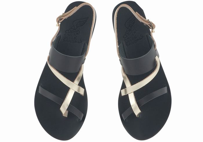 Ancient Greek Sandals Alethea Leather Ženske Back-Strap Sandals Crne Zlatne Bijele | EPD6566QL