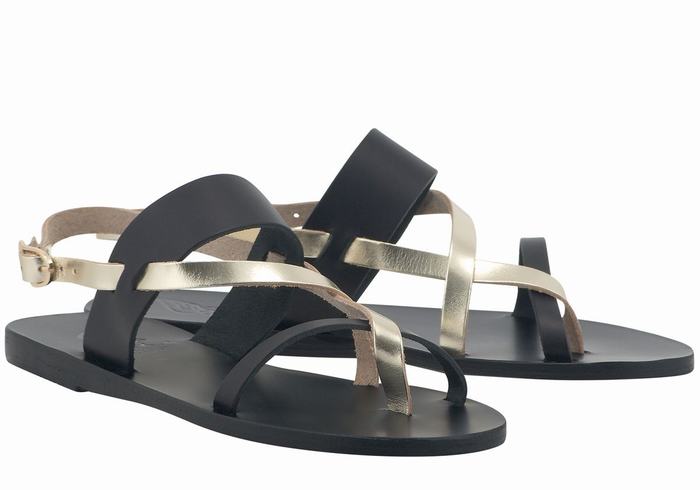 Ancient Greek Sandals Alethea Leather Ženske Back-Strap Sandals Crne Zlatne Bijele | EPD6566QL