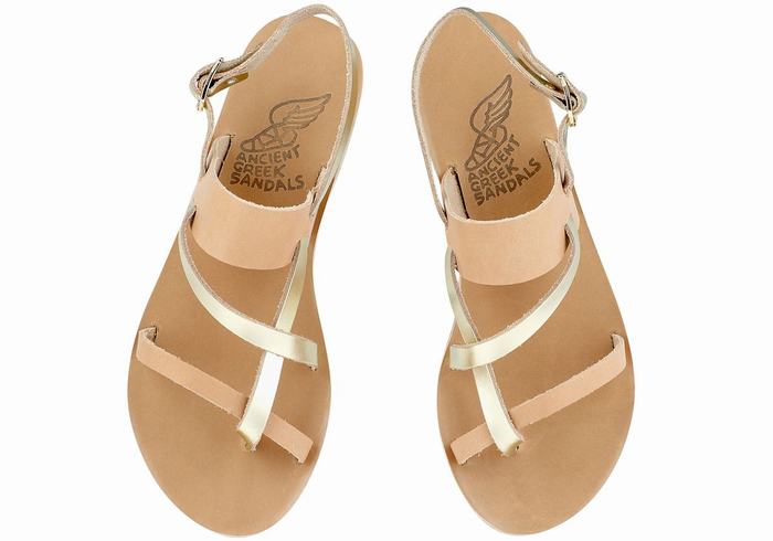 Ancient Greek Sandals Alethea Leather Ženske Back-Strap Sandals Bež Zlatne Bijele | PRD7736GG