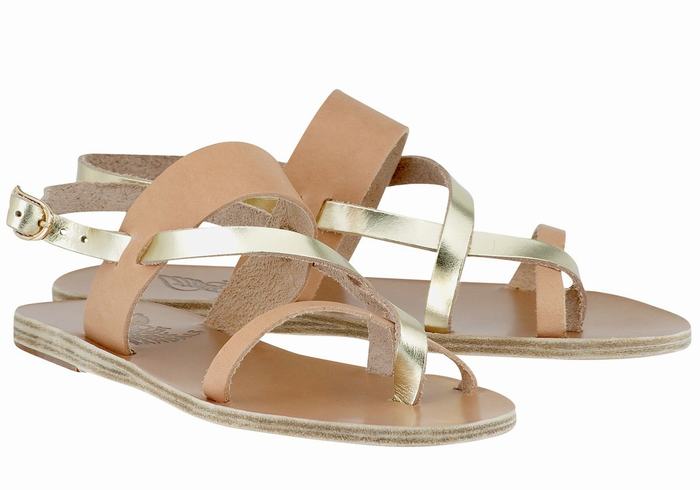 Ancient Greek Sandals Alethea Leather Ženske Back-Strap Sandals Bež Zlatne Bijele | PRD7736GG