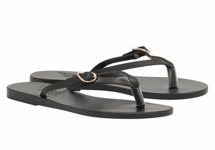 Ancient Greek Sandals Dihalo Leather Ženske Japanke Crne | CAP63100ZT