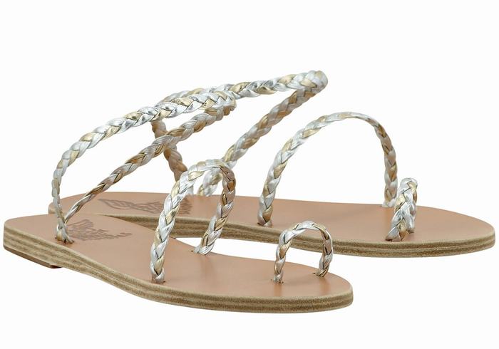 Ancient Greek Sandals Eleftheria Leather Ženske Pletene Sandale Srebrne Zlatne Bijele | FUP6343CE