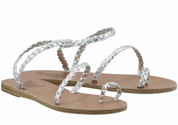 Ancient Greek Sandals Eleftheria Leather Ženske Pletene Sandale Srebrne | DUA8994SO