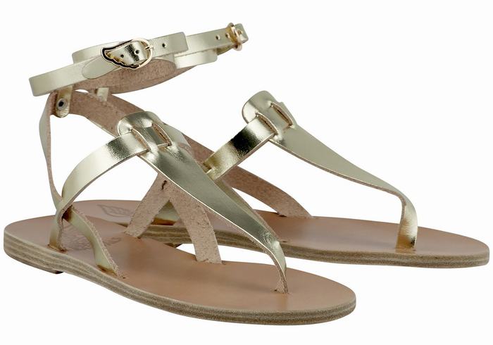 Ancient Greek Sandals Estia Leather Ženske Sandale S Remenom Zlatne Bijele | FST4083WH