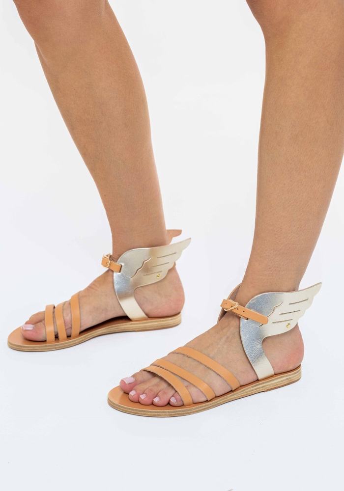 Ancient Greek Sandals Ikaria Leather Ženske Sandale S Remenom Bež Zlatne Bijele | DMB273VN