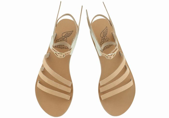 Ancient Greek Sandals Ikaria Leather Ženske Sandale S Remenom Bež Zlatne Bijele | DMB273VN