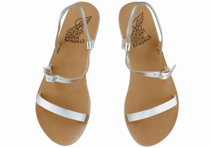 Ancient Greek Sandals Niove Leather Ženske Back-Strap Sandals Srebrne | FOT4982NP