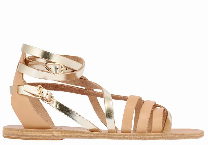 Ancient Greek Sandals Satira Leather Ženske Gladijatorske Sandale Bež Zlatne Bijele | VPH1976WI