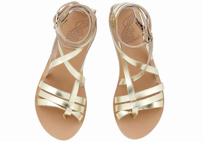 Ancient Greek Sandals Satira Leather Ženske Gladijatorske Sandale Zlatne Bijele | PTJ5867ZC