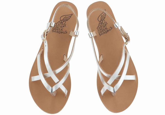 Ancient Greek Sandals Semele Leather Ženske Back-Strap Sandals Srebrne | TSY9773IC