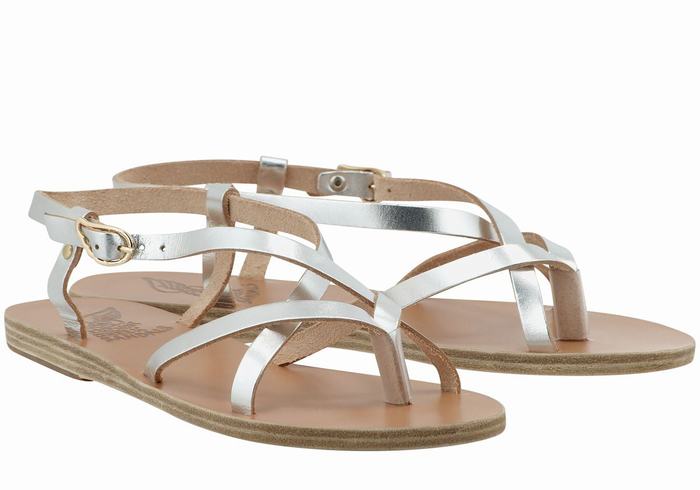 Ancient Greek Sandals Semele Leather Ženske Back-Strap Sandals Srebrne | TSY9773IC